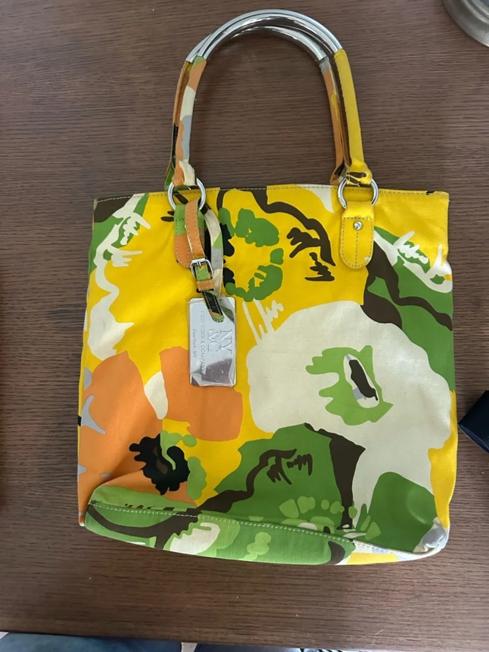 New York and Company Yellow Floral Canvas Tote Bag with Silver Accent - Picture 2 of 5